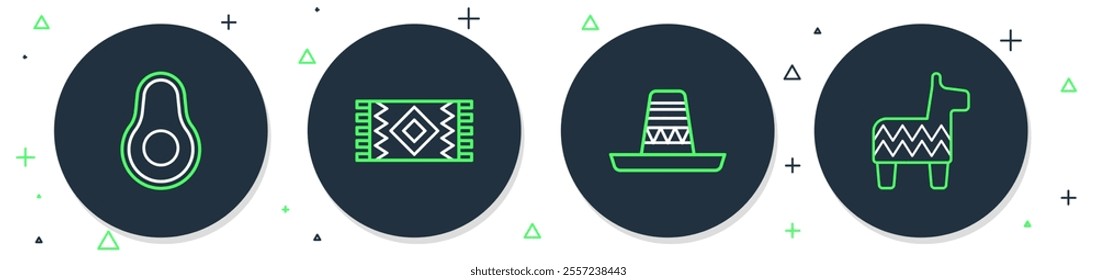 Set line Mexican carpet, sombrero, Avocado fruit and Pinata icon. Vector