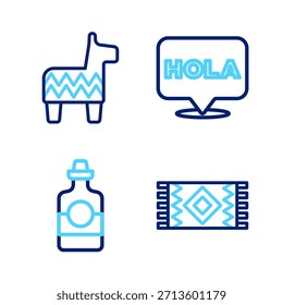 Set line alfombra mexicana, botella de tequila, Hola y icono de Pinata. Vector