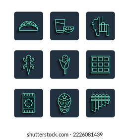Set line Mexican carpet, wrestler, Pan flute, Pinata, Corn, Lizard, Taco with tortilla and Chocolate bar icon. Vector
