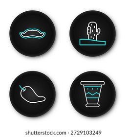 Definir linha tambor mexicano, pimentão quente pod, ícone Cactus e Mustache. Vetor