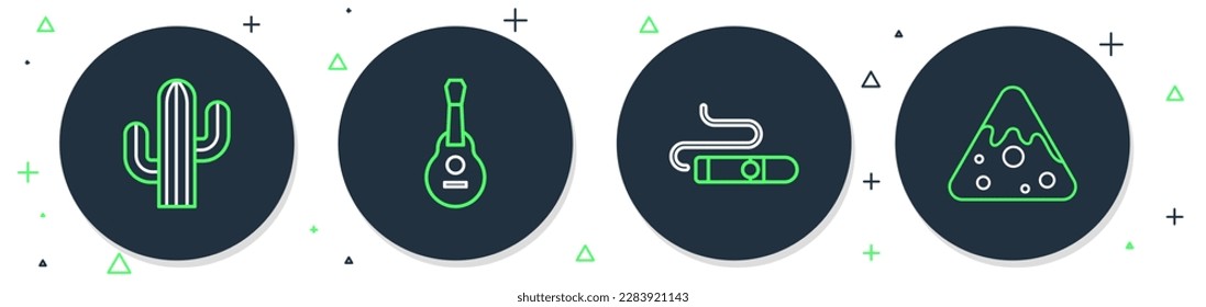 Set line Mexican guitar, Cigar, Cactus and Nachos icon. Vector