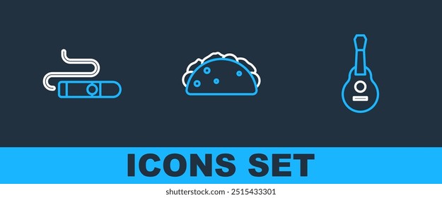 Set line Mexican guitar, Cigar and Taco with tortilla icon. Vector