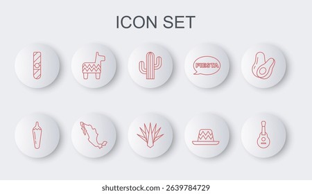 Set line Mexican guitar, Hot chili pepper pod, Cactus, sombrero, Cigar, Pinata, Map of mexican and Agave icon. Vector