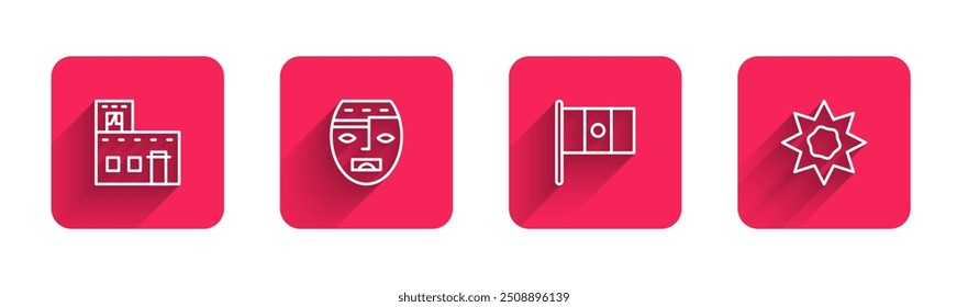 Set line Mexican house, Aztec mask, Mexico flag and Sun with long shadow. Red square button. Vector