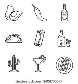 A set of line Mexican icons. Avocado, chili pepper, bottled beer, tequila, burrito, churros, taco, margarita glass, cactus images.