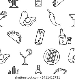 A set of line Mexican icons. Avocado, chili pepper, bottled beer, tequila, burrito, churros, taco, margarita glass, cactus images. Isolated on white.