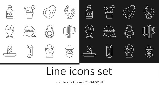 Set line Mexican man sombrero, Cactus, Avocado fruit, Hola, Tequila bottle,  and or succulent in pot icon. Vector