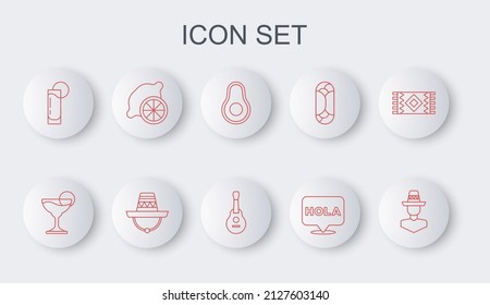 Set line Mexican man sombrero, Margarita cocktail, Avocado fruit, Hola, Tequila glass with lemon, Lemon, and guitar icon. Vector