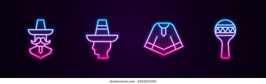 Set line Mexican man sombrero, , Poncho and Maracas. Glowing neon icon. Vector