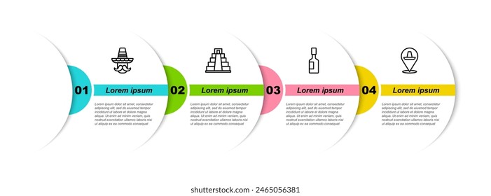 Set line Mexican man sombrero, Chichen Itza in Mayan, Tabasco sauce and . Business infographic template. Vector