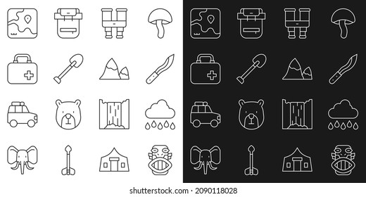 Fijar la línea maya mexicano o máscara azteca, Nube con lluvia, Machete, Binoculares, Shovel, kit de primeros auxilios, mapa safari africano e icono de las montañas. Vector