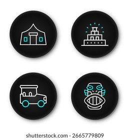 Set line mexicano maya o máscara azteca, coche de Safari, Chichén Itzá en maya e icono de tienda de turismo. Vector