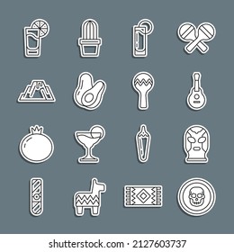 Set line Mexican skull coin, wrestler, guitar, Tequila glass with lemon, Avocado fruit, Volcano eruption lava, and Maracas icon. Vector