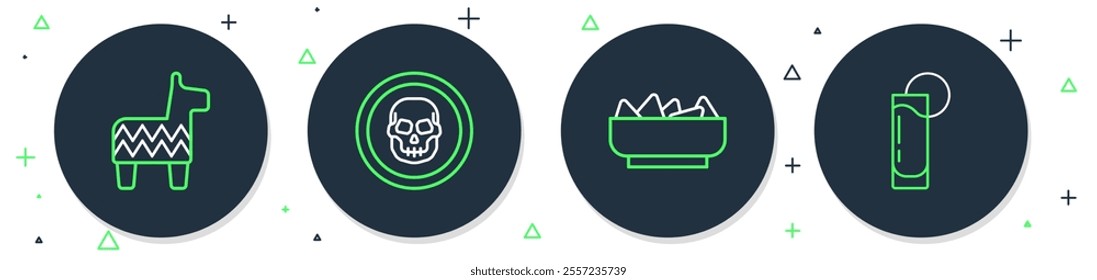 Set line Mexican skull coin, Nachos bowl, Pinata and Tequila glass with lemon icon. Vector