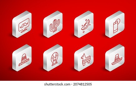 Set line Mexican sombrero, Cactus, Sliced lime, Tequila glass with lemon, Pinata, Mustache, wrestler and  icon. Vector