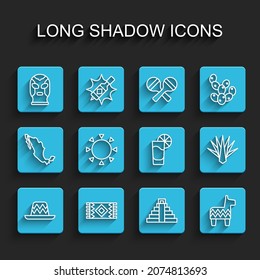 Set line Mexican sombrero, carpet, wrestler, Chichen Itza in Mayan, Pinata, Sun, Agave and Tequila glass with lemon icon. Vector