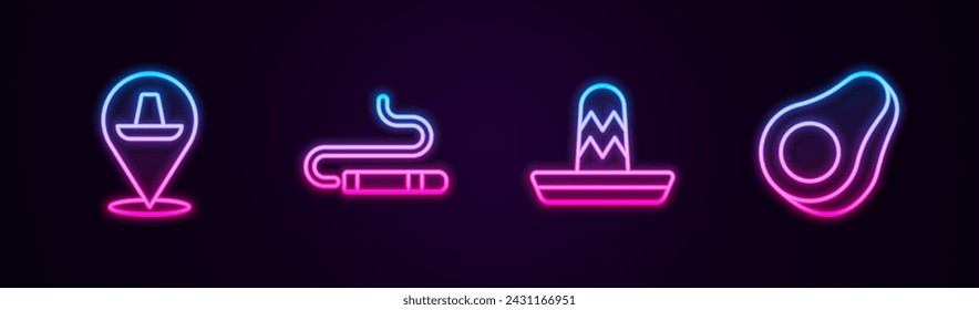 Set line Mexican sombrero, Cigar,  and Avocado fruit. Glowing neon icon. Vector