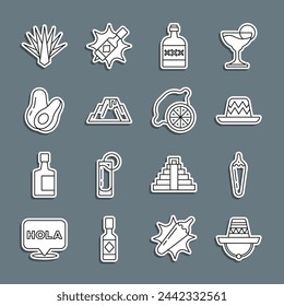 Set line Mexican sombrero, Hot chili pepper pod, Tequila bottle, Volcano eruption with lava, Avocado fruit, Agave and Lemon icon. Vector