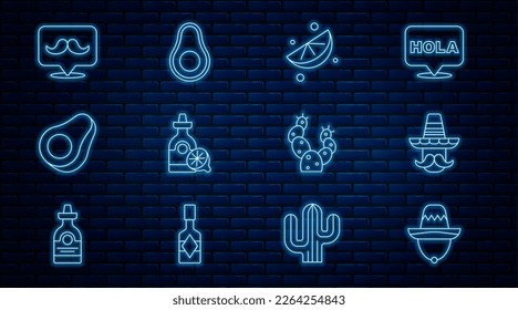 Set line Mexican sombrero, man, Sliced lime, Tequila bottle with lemon, Avocado fruit, Mustache, Cactus and  icon. Vector