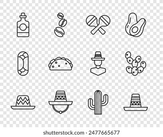 Set line Mexican sombrero, Maracas, Tequila bottle, Taco with tortilla, Cactus and  icon. Vector