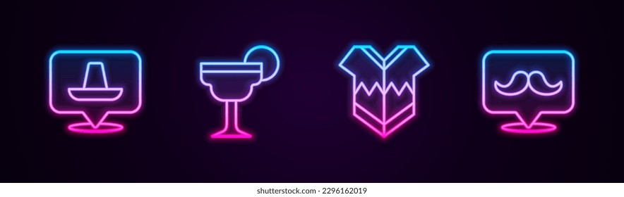 Set line Mexican sombrero, Margarita cocktail, Poncho and Mustache. Glowing neon icon. Vector