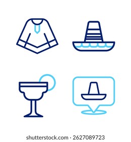 Set line Mexican sombrero, Margarita cocktail,  and Poncho icon. Vector
