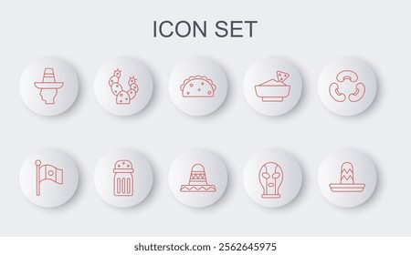 Set line Mexican sombrero, Mexico flag, Taco with tortilla, wrestler, man, Cactus, Salt and  icon. Vector