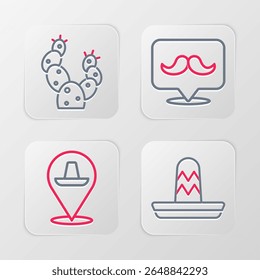 Set line Mexican sombrero, Mustache and Cactus icon. Vector