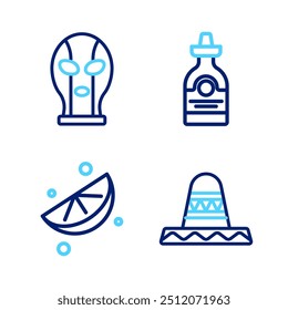 Set line Mexican sombrero, Sliced lime, Tequila bottle and wrestler icon. Vector