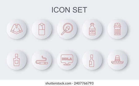 Set line Mexican sombrero, Tequila bottle, Gong, Tabasco sauce, Poncho, Burrito, Cigar and Hola icon. Vector