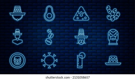 Set line Mexican sombrero, wrestler, Nachos, Coffee beans, man, and Avocado fruit icon. Vector