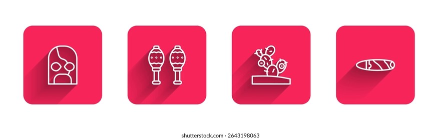 Set line Mexican wrestler, Maracas, Cactus and Cigar with long shadow. Red square button. Vector
