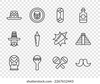 Set line Mexican wrestler, Mustache, Burrito, Maracas, sombrero, Hot chili pepper pod,  and Chichen Itza in Mayan icon. Vector