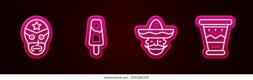 Set line Mexican wrestler, Popsicle ice cream, man sombrero and drum. Glowing neon icon. Vector