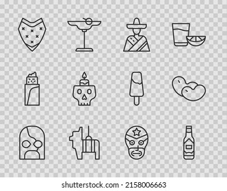 Set line Mexican wrestler, Tabasco sauce, man sombrero, Pinata, Poncho, Burning candle skull,  and Beans icon. Vector