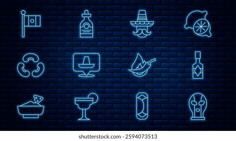 Set line Mexican wrestler, Tabasco sauce, man sombrero, Beans, Mexico flag, Hot chili pepper pod and Tequila bottle icon. Vector