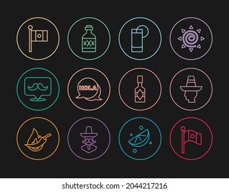 Set line Mexico flag, Mexican man sombrero, Tequila glass with lemon, Hola, Mustache, Tabasco sauce and bottle icon. Vector