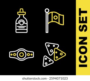 Set line Mexico flag, Nachos, Wrestling championship belt and Tequila bottle icon. Vector