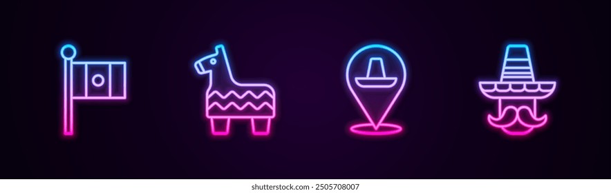 Set line Mexico flag, Pinata, Mexican sombrero and man. Glowing neon icon. Vector