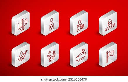 Set line Mexico flag, Tabasco sauce, Tequila bottle with lemon, Mexican sombrero, Nachos in bowl, Cactus,  and Hot chili pepper pod icon. Vector
