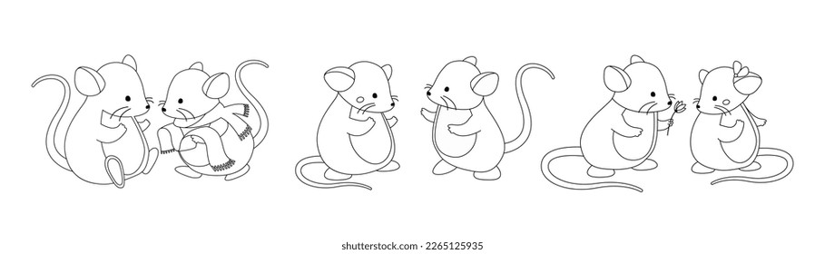 Set of line mice. Rodents, couple of animals, love and care. Design element for valentines day greeting postcard in minimalist style. Cartoon flat vector illustrations isolated on white background