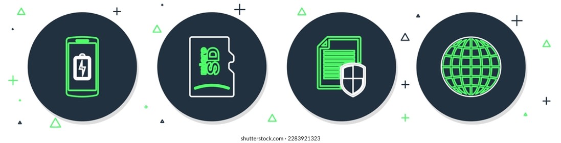 Set line Micro SD memory card, Wheat, Smartphone with heart rate and Earth globe icon. Vector