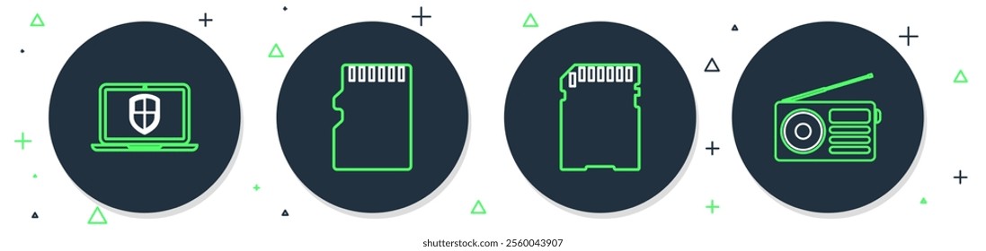 Set line Micro SD memory card, Server with shield and Radio icon. Vector