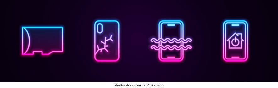 Set line Micro SD memory card, Mobile with broken screen, Waterproof phone and smart home. Glowing neon icon. Vector