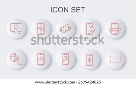 Set line Micro SD memory card, System bug, Glass screen protector, Mobile charging battery, Phone repair service, with exclamation mark and Smartphone charge icon. Vector