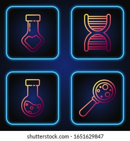 Set line Microorganisms under magnifier, Test tube and flask chemical, Test tube and flask chemical and DNA symbol. Gradient color icons. Vector