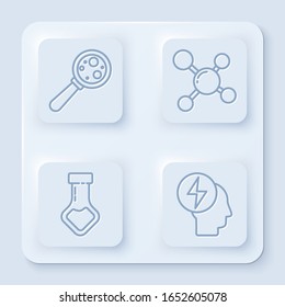 Fije la línea Microorganismos bajo la lupa, molécula, tubo de ensayo y la sustancia química del matraz y el símbolo de cabeza y electricidad. Botón cuadrado blanco. Vector