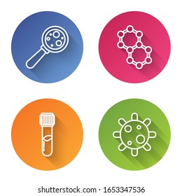 Set line Microorganisms under magnifier, Molecule, Test tube and flask chemical and Bacteria. Color circle button. Vector