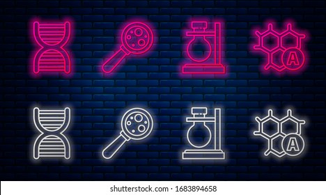 Fije la línea Microorganismos bajo la lupa, el matraz del tubo de ensayo en el soporte, el símbolo del ADN y la fórmula química. Icono de neón brillante en la pared de ladrillo. Vector