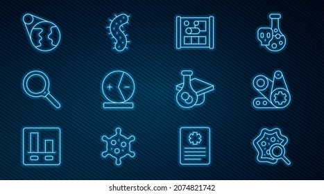 Fijar la línea Microorganismos bajo el lupa, Kit de correa de tiempo, Papel gráfico para ingeniería, Átomo, Cristal de aumento, globo terrestre, Tapa de graduación e icono de virus. Vector